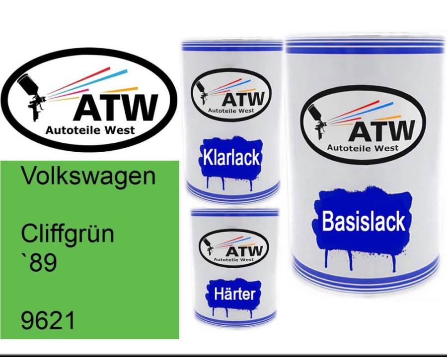 Volkswagen, Cliffgrün `89, 9621: 500ml Lackdose + 500ml Klarlack + 250ml Härter - Set, von ATW Autoteile West.